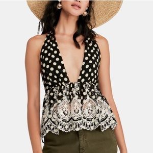 Free People Black Polka Dot V Neck Sleeveless Tank Top Size S